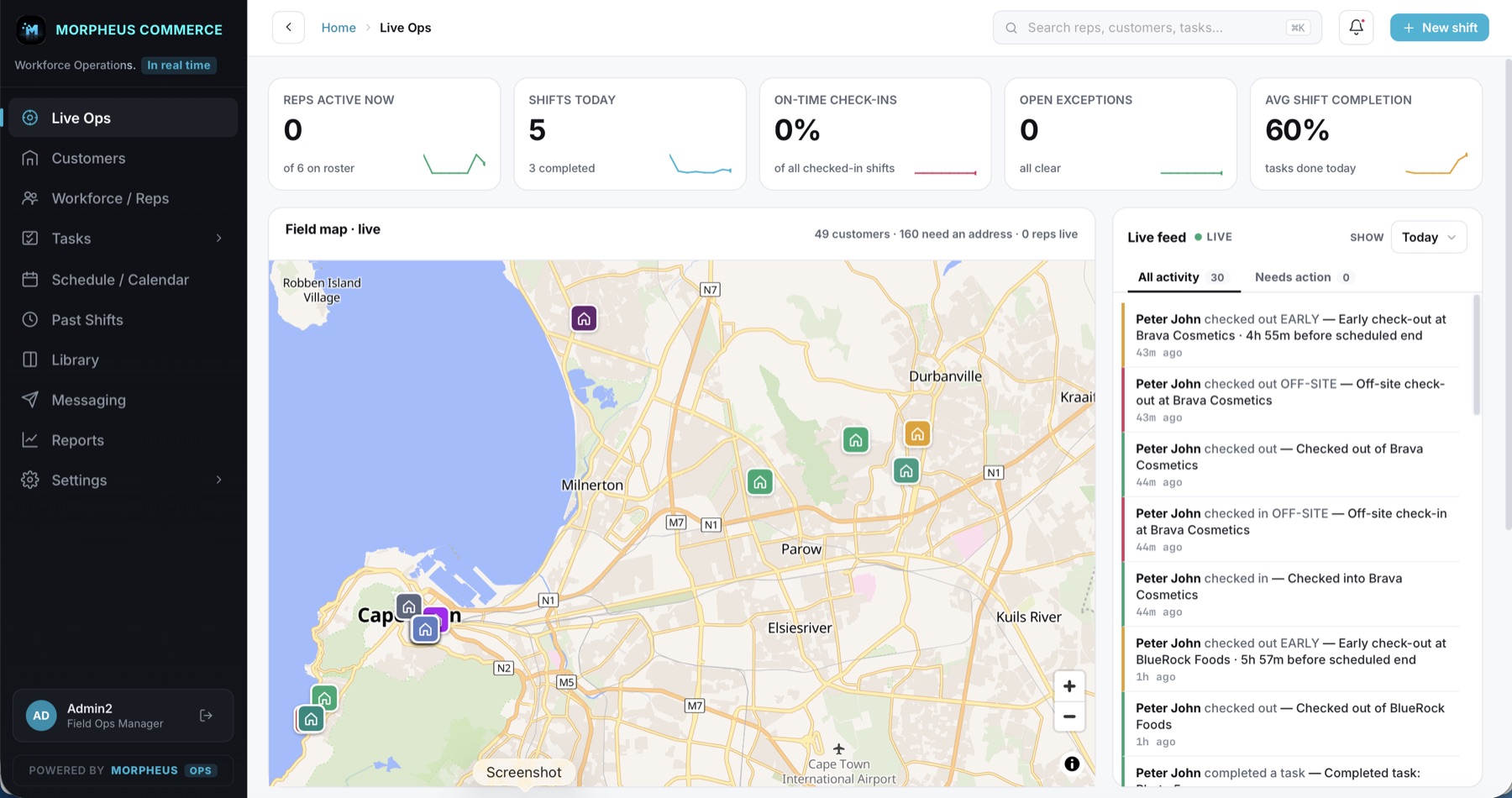 Morpheus Ops operations dashboard — live map, shifts, and field activity
