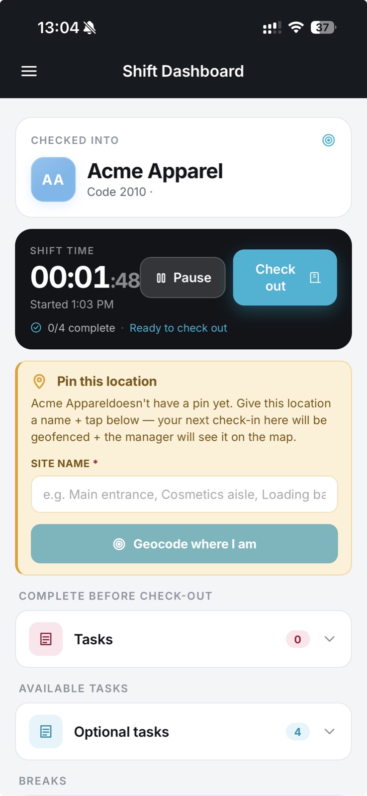 The rep's mobile PWA mid-shift — one-tap check-in