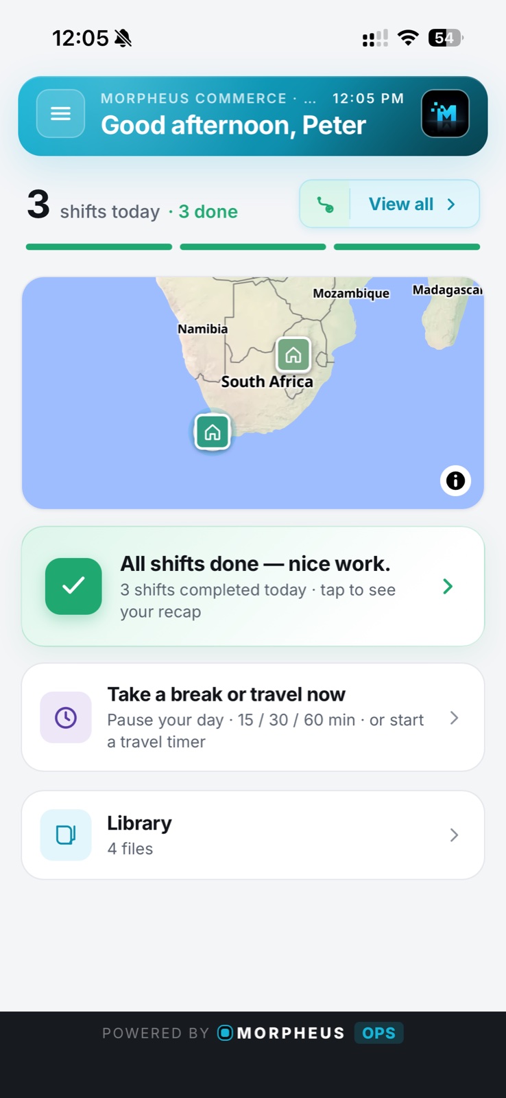A completed shift record — photos, signature, and GPS, auto-filed