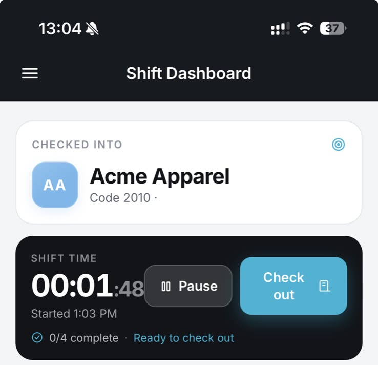 Morpheus Ops field app showing a GPS-verified check-in with tasks, photos and a signature for a site visit